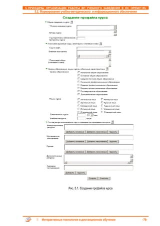 5. ПРИНЦИПЫ ОРГАНИЗАЦИИ РАБОТЫ ВП УЧЕБНОГО ЗАВЕДЕНИЯ В ОС OPENET.RU
     5.2. Формирование учебно-методического и информационного обеспечения




                           Рис. 5.1. Создание профайла курса




         Интерактивные технологии в дистанционном обучении                  -76-
 
