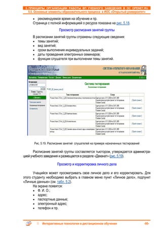 5. ПРИНЦИПЫ ОРГАНИЗАЦИИ РАБОТЫ ВП УЧЕБНОГО ЗАВЕДЕНИЯ В ОС OPENET.RU
   5.5. Основные элементы образовательного процесса в ИОС «Открытый университет»

      •  рекомендуемое время на обучение и пр.
      Страница с полной информацией о ресурсе показана на рис. 5.18.
                        Просмотр расписания занятий группы
      В расписании занятий группы отражены следующие сведения:
      • темы занятий;
      • вид занятий;
      • сроки выполнения индивидуальных заданий;
      • даты проведения электронных семинаров;
      • функции слушателя при выполнении темы занятий.




       Рис. 5.19. Расписание занятий слушателей на примере назначенных тестирований

       Расписание занятий группы составляется тьютором, утверждается администра-
цией учебного заведения и размещается в разделе «Деканат» (рис. 5.19).

                       Просмотр и корректировка личного дела

       Учащийся может просматривать свое личное дело и его корректировать. Для
этого студенту необходимо выбрать в главном меню пункт «Личное дело», подпункт
«Личные данные» (см. табл. 5.2).
       На экране появятся:
       • Ф. И. О.;
       • адрес;
       • паспортные данные;
       • электронный адрес;
       • телефон и пр.



            Интерактивные технологии в дистанционном обучении                         -95-
 