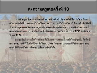 สงครามครูเสดครังที่ 10
                                    ้

        พระเจ้าหลุยส์ที่ 9 แห่งฝรั่งเศส เดินทางกลับทวีปยุโรป และขอให้โป๊ปอภัยโทษให้พระ
เจ้าเฟรดเดอริกที่ 2 ของเยอรมัน ใน ปี ค.ศ. 1270 พระองค์ได้ทรงชักชวนให้ พระเจ้าเอ็ดเวิร์ดที่
1 ของอังกฤษมาร่วมทาสงครามครูเสดอีก แต่พระเจ้าหลุยส์ทรงสิ้นพระชนม์ด้วยโรคระบาดที่
เมืองคาร์เธจเสียก่อน พระเจ้าเอ็ดเวิร์ดได้เสด็จกลับจากปาเลสไตน์เมื่อ ปี ค.ศ. 1271 ถึงอังกฤษ
ปี ค.ศ. 1274
       ครั้งสุดท้ายมีการเคลื่อนไหวที่จะทาให้เกิดสงครามครูเสดขึ้นมาอีกโดย ปิอุสที่ 2 ในช่วงปี
ค.ศ. 1460 แต่เมื่อโป๊ปเสียชีวตลง ในปี ค.ศ. 1464 เรื่องสงครามครูเสดก็ได้ยุติลง สงครามครู
                               ิ
เสดทาให้เกิดผลลัพธ์ทางอ้อมหลายประการด้วยกันคือ
 