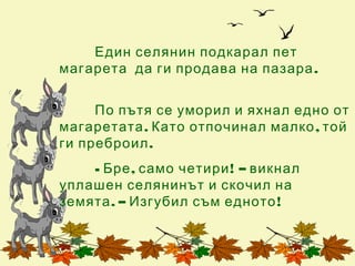 Един селянин подкарал пет
магарета да ги продава на пазара .


     По пътя се уморил и яхнал едно от
магаретата . Като отпочинал малко , той
ги преброил .
    - Бре , само четири ! – викнал
уплашен селянинът и скочил на
земята . – Изгубил съм едното !
 