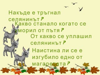 Накъде е тръгнал
селянинът ?
  Какво станало когато се
  уморил от пътя ?
       От какво се уплашил
       селянинът ?
       Наистина ли се е
       изгубило едно от
       магаретата ?
 