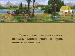 Всяка от частите на текста:
начало, главна част и край,
пишем на нов ред.
 
