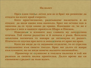 На излет

      През един топъл летен ден аз и брат ми решихме да
отидем на излет край езерото.
      Като пристигнахме, разпънахме палатката и аз
отидох да видя какво има наоколо. Брат ми остана сам и
започна да се чуди какво да прави. Ядосваше се, че не е
тръгнал с мен и нашите приятели Шаро и Писана.
      Изведнъж в клоните над главата му зачурулика
птичка. Той скочи радостно и й помаха с ръка. Веселата
звънлива песничка го накара да затанцува от радост.
Птичето се спусна при него и заподскача от крак на крак.
      Като ни видя да се задаваме отдалече, то се стрелна
подплашено към своето гнездо. Брат ми дълго се взира
към клоните, но не видя повече малкото песнопойче.
       Привечер се сгушихме в топлата палатка и той ми
разказа за своята малка приятелка. Дълго време ще си
спомняме с радост за този излет.
 