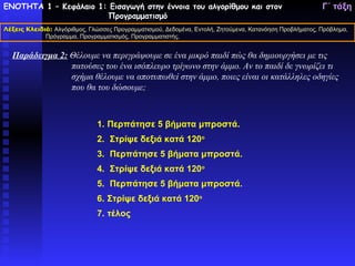 ΕΝΟΤΗΤΑ 1 – Κεφάλαιο 1: Εισαγωγή στην έννοια του αλγορίθμου και στον                                     Γ΄ τάξη
                       Προγραμματισμό
Λέξεις Κλειδιά: Αλγόριθμος, Γλώσσες Προγραμματισμού, Δεδομένα, Εντολή, Ζητούμενα, Κατανόηση Προβλήματος, Πρόβλημα,
             Πρόγραμμα, Προγραμματισμός, Προγραμματιστής.


  Παράδειγμα 2: Θέλουμε να περιγράψουμε σε ένα μικρό παιδί πώς θα δημιουργήσει με τις
                πατούσες του ένα ισόπλευρο τρίγωνο στην άμμο. Αν το παιδί δε γνωρίζει τι
                σχήμα θέλουμε να αποτυπωθεί στην άμμο, ποιες είναι οι κατάλληλες οδηγίες
                που θα του δώσουμε;



                              1. Περπάτησε 5 βήματα μπροστά.
                              2. Στρίψε δεξιά κατά 120ο
                              3. Περπάτησε 5 βήματα μπροστά.
                              4. Στρίψε δεξιά κατά 120ο
                              5. Περπάτησε 5 βήματα μπροστά.
                              6. Στρίψε δεξιά κατά 120ο
                              7. τέλος
 