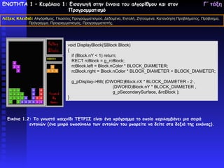 ΕΝΟΤΗΤΑ 1 – Κεφάλαιο 1: Εισαγωγή στην έννοια του αλγορίθμου και στον                                     Γ΄ τάξη
                       Προγραμματισμό
Λέξεις Κλειδιά: Αλγόριθμος, Γλώσσες Προγραμματισμού, Δεδομένα, Εντολή, Ζητούμενα, Κατανόηση Προβλήματος, Πρόβλημα,
             Πρόγραμμα, Προγραμματισμός, Προγραμματιστής.




                                  void DisplayBlock(SBlock Block)
                                  {
                                    if (Block.nY < 1) return;
                                    RECT rcBlock = g_rcBlock;
                                    rcBlock.left = Block.nColor * BLOCK_DIAMETER;
                                    rcBlock.right = Block.nColor * BLOCK_DIAMETER + BLOCK_DIAMETER;

                                      g_pDisplay->Blt( (DWORD)Block.nX * BLOCK_DIAMETER - 2 ,
                                                          (DWORD)Block.nY * BLOCK_DIAMETER ,
                                                          g_pSecondarySurface, &rcBlock );
                                  }



  Εικόνα 1.2: Το γνωστό παιχνίδι ΤΕΤΡΙΣ είναι ένα πρόγραμμα το οποίο περιλαμβάνει μια σειρά
            εντολών (ένα μικρό υποσύνολο των εντολών του μπορείτε να δείτε στα δεξιά της εικόνας).
 