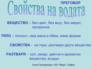 ПРЕГОВОР




   ВЕЩЕСТВО – без цвят, без вкус, без мирис,
              прозрачна

ТЯЛО – течност, има маса и обем, няма форма

    СВОЙСТВА - не гори, разтваря други вещества

  РАЗТВАРЯ - сол, захар, цветни и ароматни
             вещества, въздух
                Анна Господинова, ЧОУ "Веда", София
 
