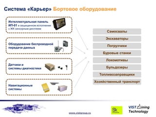 Система «Карьер» Бортовое оборудование

 Интеллектуальная панель
 ИП-01 в защищенном исполнении
 с ЖК сенсорным дисплеем
                                                          Самосвалы

                                                         Экскаваторы
 Оборудование беспроводной
                                                          Погрузчики
 передачи данных
                                                        Буровые станки

                                                          Локомотивы
 Датчики и
 системы диагностики                                      Бульдозеры

                                                      Топливозаправщики

                                                    Хозяйственный транспорт
 Навигационные
 системы




                                 www.vistgroup.ru
 