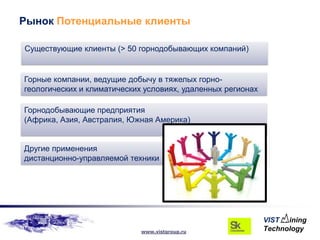Рынок Потенциальные клиенты

Существующие клиенты (> 50 горнодобывающих компаний)


Горные компании, ведущие добычу в тяжелых горно-
геологических и климатических условиях, удаленных регионах

Горнодобывающие предприятия
(Африка, Азия, Австралия, Южная Америка)


Другие применения
дистанционно-управляемой техники




                             www.vistgroup.ru
 
