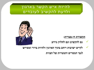 ‫להיות איש הקשר בארגון‬
 ‫ולדעת להקשיב לעובדים‬




                                ‫תקשורת דו-סטרית:‬
                       ‫גם להקשיב וגם לחלוק מידע‬    ‫‪‬‬
‫לקיים ישיבות רוחב בתוך הארגון ולהיות ברור ומפורש‬   ‫‪‬‬
                  ‫לגבי המסרים והמטרות של הצוות‬
 