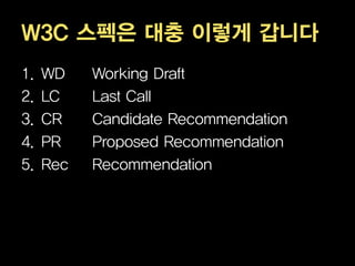 W3C 스펙은 대충 이렇게 갑니다
1.   WD    Working Draft
2.   LC    Last Call
3.   CR    Candidate Recommendation
4.   PR    Proposed Recommendation
5.   Rec   Recommendation
 