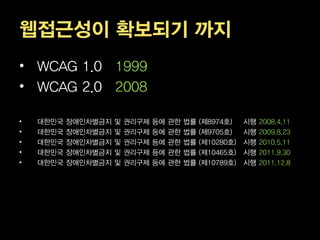 웹접근성이 확보되기 까지
• WCAG 1.0 1999
• WCAG 2.0 2008

•   대한민국   장애인차별금지   및   권리구제   등에   관한   법률   (제8974호)    시행   2008.4.11
•   대한민국   장애인차별금지   및   권리구제   등에   관한   법률   (제9705호)    시행   2009.8.23
•   대한민국   장애인차별금지   및   권리구제   등에   관한   법률   (제10280호)   시행   2010.5.11
•   대한민국   장애인차별금지   및   권리구제   등에   관한   법률   (제10465호)   시행   2011.9.30
•   대한민국   장애인차별금지   및   권리구제   등에   관한   법률   (제10789호)   시행   2011.12.8
 
