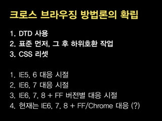 크로스 브라우징 방법론의 확립
1. DTD 사용
2. 표준 먼저, 그 후 하위호환 작업
3. CSS 리셋

1.   IE5, 6 대응     시절
2.   IE6, 7 대응     시절
3.   IE6, 7, 8 +   FF 버전별 대응 시절
4.   현재는 IE6,      7, 8 + FF/Chrome 대응 (?)
 