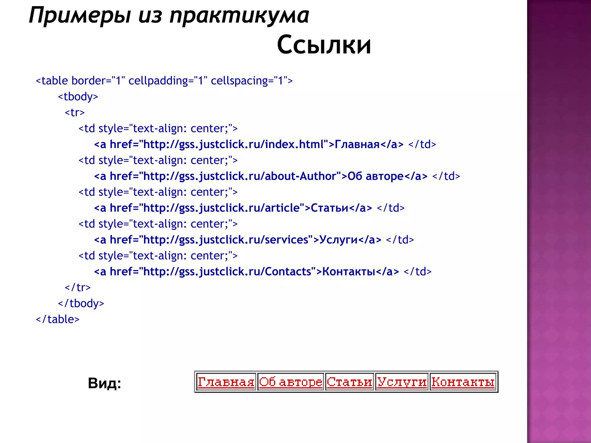 Примеры из практикума
                                           Ссылки
<table border="1" cellpadding="1" cellspacing="1">
    <tbody>
     <tr>
        <td style="text-align: center;">
           <a href="http://gss.justclick.ru/index.html">Главная</a> </td>
        <td style="text-align: center;">
           <a href="http://gss.justclick.ru/about-Author">Об авторе</a> </td>
        <td style="text-align: center;">
           <a href="http://gss.justclick.ru/article">Статьи</a> </td>
        <td style="text-align: center;">
           <a href="http://gss.justclick.ru/services">Услуги</a> </td>
        <td style="text-align: center;">
           <a href="http://gss.justclick.ru/Contacts">Контакты</a> </td>
     </tr>
    </tbody>
</table>




         Вид:
 