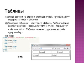 Таблицы
Таблица состоит из строк и столбцов ячеек, которые могут
  содержать текст и рисунки.
Добавления таблицы - контейнер <table>. Любая таблица
  состоит из строк – парный тег<tr> и ячеек -парный тег
  <td> или <th> . Таблица должна содержать хотя бы
  одну ячейку .
Пример:




           Вид:
 