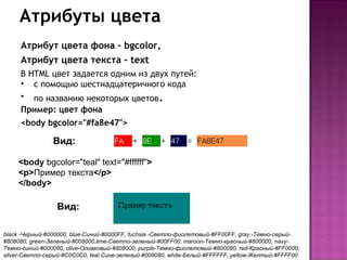 Атрибуты цвета
     Атрибут цвета фона – bgcolor,
     Атрибут цвета текста - text
     В HTML цвет задается одним из двух путей:
     • с помощью шестнадцатеричного кода
     • по названию некоторых цветов.
     Пример: цвет фона
     <body bgcolor="#fa8e47">

                Вид:

     <body bgcolor="teal" text="#ffffff">
     <p>Пример текста</p>
     </body>

                  Вид:

black -Черный-#000000, blue-Синий-#0000FF, fuchsia -Светло-фиолетовый-#FF00FF, gray -Темно-серый-
#808080, green-Зеленый-#008000,lime-Светло-зеленый-#00FF00, maroon-Темно-красный-#800000, navy-
Темно-синий-#000080, olive-Оливковый-#808000, purple-Темно-фиолетовый-#800080, red-Красный-#FF0000, 
silver-Светло-серый-#C0C0C0, teal Сине-зеленый-#008080, white-Белый-#FFFFFF, yellow-Желтый-#FFFF00
 