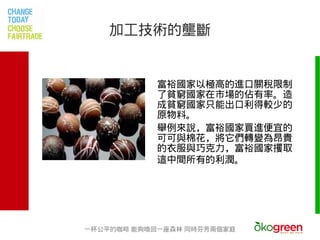 加工技術的壟斷


            富裕國家以極高的進口關稅限制
            了貧窮國家在市場的佔有率。造
            成貧窮國家只能出口利得較少的
            原物料。
            舉例來說，富裕國家買進便宜的
            可可與棉花，將它們轉變為昂貴
            的衣服與巧克力，富裕國家攫取
            這中間所有的利潤。




一杯公平的咖啡 能夠喚回一座森林 同時芬芳兩個家庭
 