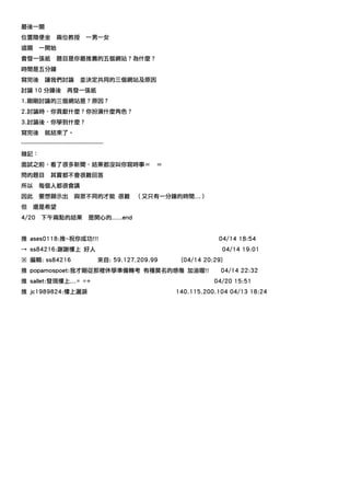 最後一關
位置隨便坐            兩位教授            一男一女
這關      一開始
會發一張紙            題目是你最推薦的五個網站？為什麼？
時間是五分鐘
寫完後         讓我們討論             並決定共同的三個網站及原因
討論 10 分鐘後              再發一張紙
1.剛剛討論的三個網站是？原因？
2.討論時，你貢獻什麼？你扮演什麼角色？
3.討論後，你學到什麼？
寫完後         就結束了。
------------------------------------------
雜記：
面試之前，看了很多新聞，結果都沒叫你寫時事＝                                 ＝
問的題目           其實都不會很難回答
所以      每個人都很會講
因此      要想顯示出              與眾不同的才能 很難 （又只有一分鐘的時間...）
但    還是希望
4/20      下午兩點的結果                 是開心的.....end


推 ases0118:推~祝你成功!!!                                                   04/14 18:54
→ ss84216:謝謝樓上 好人                                                       04/14 19:01
※ 編輯: ss84216                          來自: 59.127.209.99    (04/14 20:29)
推 popamospoet:我才剛從那裡休學準備轉考 有種莫名的感傷 加油喔!!                                04/14 22:32
推 sallet:發現樓上...= =+                                                  04/20 15:51
推 jc1989824:樓上灑淚                                           140.115.200.104 04/13 18:24
 