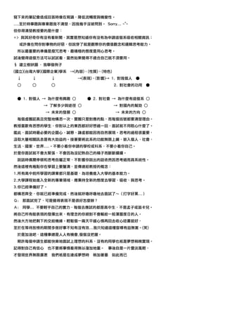 寫下來的筆記會造成回答時像在背誦，降低流暢度與機變性。
....至於時事題與專業題我不清楚，因我幾乎沒被問到。 Sorry... ~"~
但你得清楚教授要的是什麼：
=> 與其好奇你有沒有看新聞，其實是想知道你有沒有為申請這個系吸收相關資訊；
     或許像在問你對事物的好惡，但說穿了就是觀察你的價值觀念和邏輯思考能力。
 所以最重要的準備是撥冗思考，最積極的態度是用心思考。
試後覺得這個方法可以試試看，當然如果覺得不適合自己就不須要用。
§ 建立樹狀圖 - 我舉個例子
(國立)(台灣大學)(國際企業)學系 →(內容)、(性質)、(特色)
 ↓      ↓     ↓         →(表現)、(影響)→ 1. 對我個人   ●
 ○      ○     ○                      2. 對社會的功用    ●


 ● 1. 對個人 → 為什麼有興趣 ○       ● 2. 對社會 → 為什麼有這個系 ○
            → 了解多少與途徑 ○              → 對國內的幫助 ○
            → 未來的發展 ○                → 未來的方向 ○
 每個虛圈認真且完整地構思一次，實圈只是對應的點，而每個括號都要清楚理由。
教授喜歡有思想的學生，你對以上的東西都好好想過一回，面試就不用耽心什麼了。
鑑此，面試時最必要的企圖心、誠懇、謙虛都能因而自然展現。思考的過程很重要，
汲取大量相關訊息是有大助益的。接著要將此系的功能無限上綱，嵌入個人、社會、
生活、國家、世界....。不要小看你申請的學校或科系，不要小看你自己。
於是你面試就不會太緊張，不會因為沒記熟自己的稿子而斷斷續續。
 說話時偶爾停頓和思考自屬正常，不影響你說出的話依然因思考過而具系統性。
然後這裡有幾點你在學習上要釐清，並傳達給教授的概念：
1.所有高中前所學習的課業都只是基礎，為培養進入大學的基本能力。
2.大學課程始進入全新的專業領域，應秉持全新的態度去學習、吸收、與思考。
3.你已經準備好了。
都構思齊全，你就已經準備完成，然後就呼嚕呼嚕地去面試了～（打字好累...）
Ｑ:   那面試完了，可是覺得表現不是很好怎麼辦？
Ａ:   同學... 不要輕乎自己的實力，每個去應試的都是高中生，不是孟子或笛卡兒。
將自己所有能表現的發揮出來，有理念的你絕對不會輸給一般渾噩度日的人。
然後大方地把剩下的交給機緣。輕鬆個一兩天平緩心情再回去收心唸書挺好，
至於在等待放榜的期間多做好事不知有沒有效...我只知道這種宣導有益無害。(笑)
 於是加油吧，這種事總是人人有機會,個個沒把握。
 期許每個申請生都能快樂地面試上理想的科系，沒有的同學也衹是夢想稍晚實現。
記得對自己有信心     也不要將事情看得無以復加地重。        事後自是一片雲淡風輕，
才發現世界無限廣袤     我們衹是在達成夢想時     稍加著墨    如此而已
 