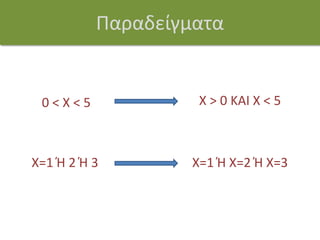 Παραδείγματα


 0<Χ<5              Χ > 0 ΚΑΙ Χ < 5



Χ=1 Ή 2 Ή 3        Χ=1 Ή Χ=2 Ή Χ=3
 