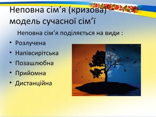 Неповна сім’я (кризова) –
модель сучасної сім’ї
     Неповна сім’я поділяється на види :
•   Розлучена
•   Напівсирітська
•   Позашлюбна
•   Прийомна
•   Дистанційна
 