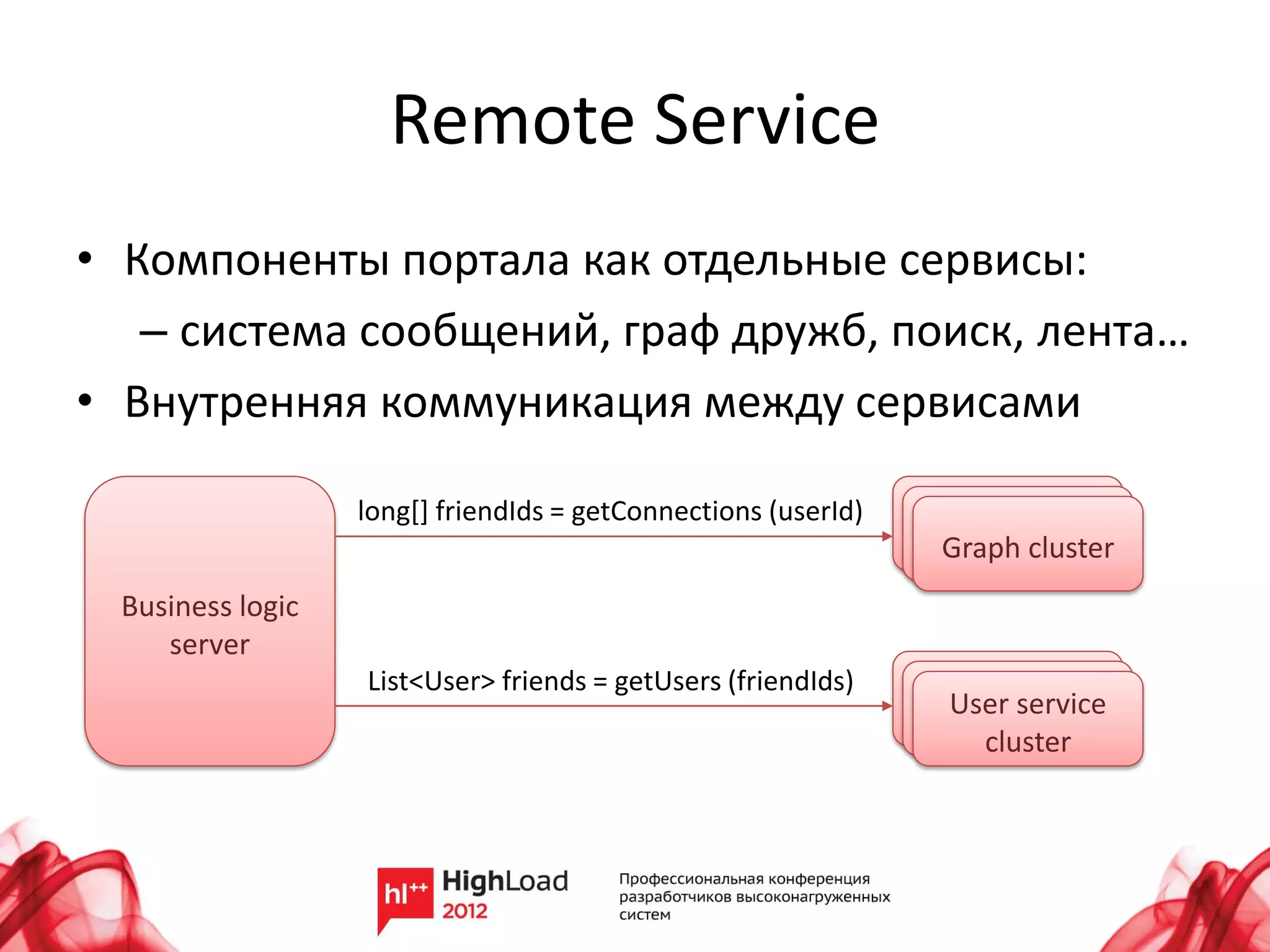Remote Service
• Компоненты портала как отдельные сервисы:
   – система сообщений, граф дружб, поиск, лента…
• Внутренняя коммуникация между сервисами

                  long[] friendIds = getConnections (userId)
                                                               Graph cluster
 Business logic
    server
                  List<User> friends = getUsers (friendIds)
                                                               User service
                                                                 cluster
 