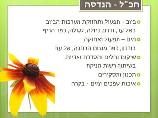 ‫חכ"ל - הנדסה‬
 ‫‪ ‬ביוב - תפעול ותחזוקת מערכות הביוב‬
‫באל עזי, ורדון, נחלה, סגולה, כפר הריף‬
                 ‫‪ ‬מים – תפעול ואחזקה‬
     ‫בורדון, כפר מנחם הרחבה, אל עזי‬
         ‫‪ ‬שיקום נחלים והסדרת ואדיות,‬
                  ‫בשיתוף רשות הניקוז‬
                       ‫‪ ‬תכנון ותסקירים‬
            ‫‪ ‬איכות שפכים ומים - בקרה‬
 