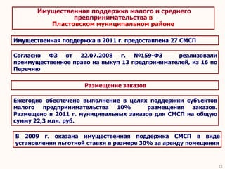 Имущественная поддержка малого и среднего
                предпринимательства в
          Пластовском муниципальном районе

Имущественная поддержка в 2011 г. предоставлена 27 СМСП

Согласно ФЗ от 22.07.2008 г. №159-ФЗ            реализовали
преимущественное право на выкуп 13 предпринимателей, из 16 по
Перечню

                     Размещение заказов

Ежегодно обеспечено выполнение в целях поддержки субъектов
малого предпринимательства 10%          размещения заказов.
Размещено в 2011 г. муниципальных заказов для СМСП на общую
сумму 22,3 млн. руб.

В 2009 г. оказана имущественная поддержка СМСП в виде
установления льготной ставки в размере 30% за аренду помещения



                                                                11
 