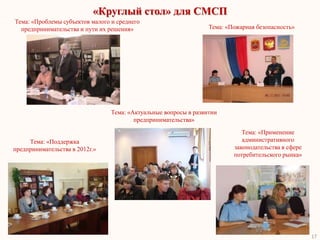 «Круглый стол» для СМСП
Тема: «Проблемы субъектов малого и среднего
  предпринимательства и пути их решения»                          Тема: «Пожарная безопасность»




                                 Тема: «Актуальные вопросы в развитии
                                         предпринимательства»
                                                                             Тема: «Применение
     Тема: «Поддержка                                                        административного
предпринимательства в 2012г.»                                             законодательства в сфере
                                                                          потребительского рынка»




                                                                                                     17
 