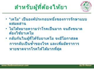 สำา หรับ ผู้ท ี่ต ้อ งให้ย า
   • “เคโม” เป็น องค์ป ระกอบหนึง ของการรัก ษาแบบ
                                     ่
     ผสมผสาน
   • ไม่ไ ด้ห มายความว่า โรคเป็น มาก จนถึง ขนาด
     ต้อ งใช้ย าเคโม
   • กลับ กัน ในผู้ท ไ ด้ร ับ ยาเคโม จะมีโ อกาสลด
                     ี่
     การกลับ เป็น ซ้ำ้า ของโรค และเพิม อัต ราการ
                                         ่
     หายขาดจากโรคให้ไ ด้ม ากทีส ุด     ่



www.thaibreastcancer.com                    by Dr.Hasun
 