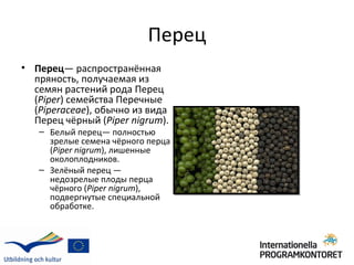 Перец
• Перец— распространённая
  пряность, получаемая из
  семян растений рода Перец
  (Piper) семейства Перечные
  (Piperaceae), обычно из вида
  Перец чёрный (Piper nigrum).
   – Белый перец— полностью
     зрелые семена чёрного перца
     (Piper nigrum), лишенные
     околоплодников.
   – Зелёный перец —
     недозрелые плоды перца
     чёрного (Piper nigrum),
     подвергнутые специальной
     обработке.
 