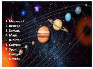 Планеты солнечной
     системы



1. Меркурий.
2. Венера.
3. Земля.
4. Марс.
5. Юпитер.
6. Сатурн.
7. Уран.
8. Нептун.
9. ...