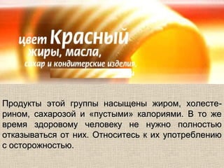 Продукты этой группы насыщены жиром, холесте-
рином, сахарозой и «пустыми» калориями. В то же
время здоровому человеку не нужно полностью
отказываться от них. Относитесь к их употреблению
с осторожностью.
 