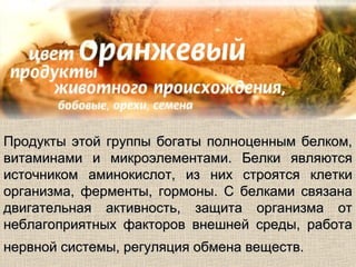 Продукты этой группы богаты полноценным белком,
витаминами и микроэлементами. Белки являются
источником аминокислот, из них строятся клетки
организма, ферменты, гормоны. С белками связана
двигательная активность, защита организма от
неблагоприятных факторов внешней среды, работа
нервной системы, регуляция обмена веществ.
 
