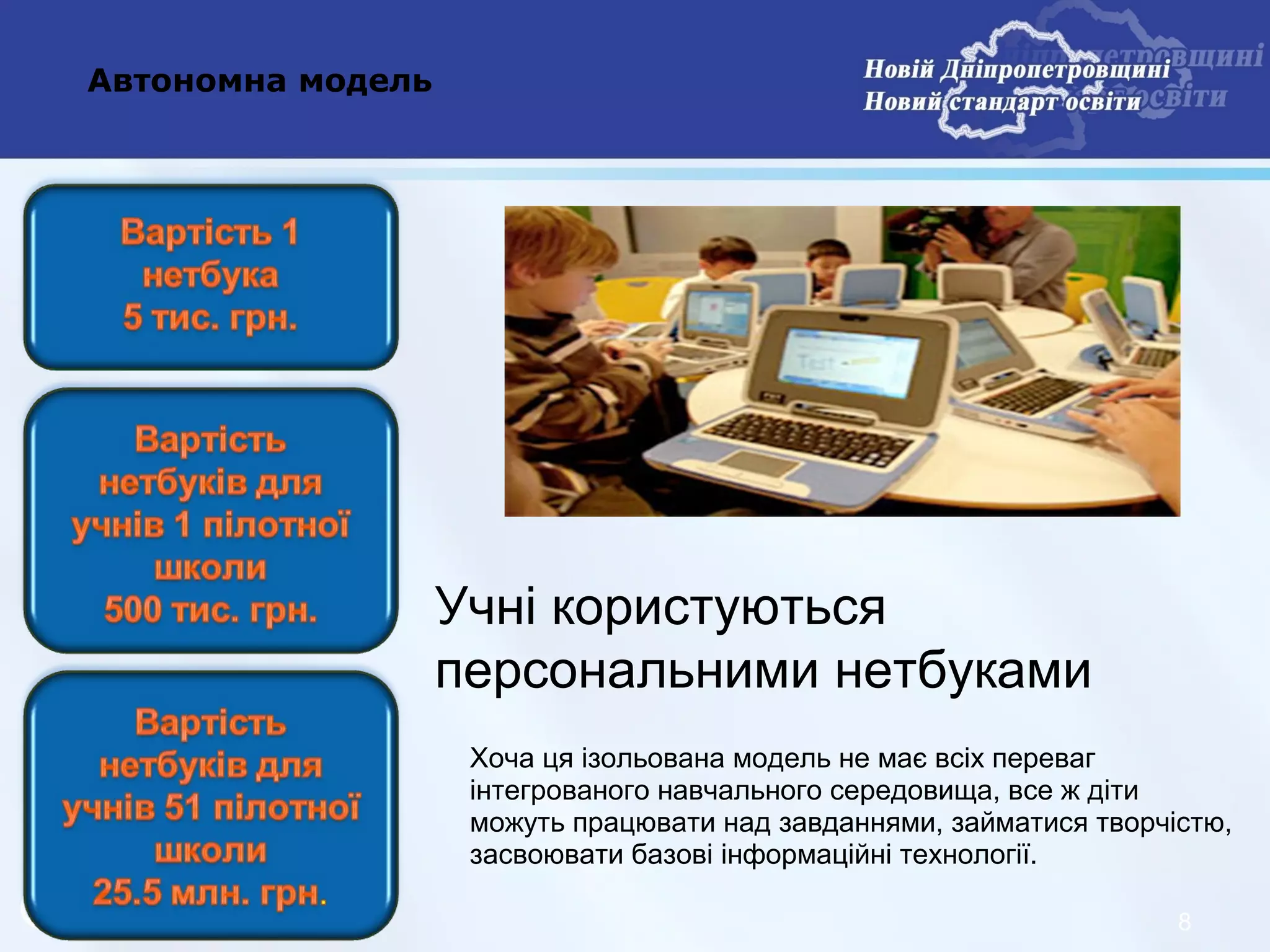 Автономна модель




                   Учні користуються
                   персональними нетбуками
                    Хоча ця ізольована модель не має всіх переваг
                    інтегрованого навчального середовища, все ж діти
                    можуть працювати над завданнями, займатися творчістю,
                    засвоювати базові інформаційні технології.

                                                                     8
 