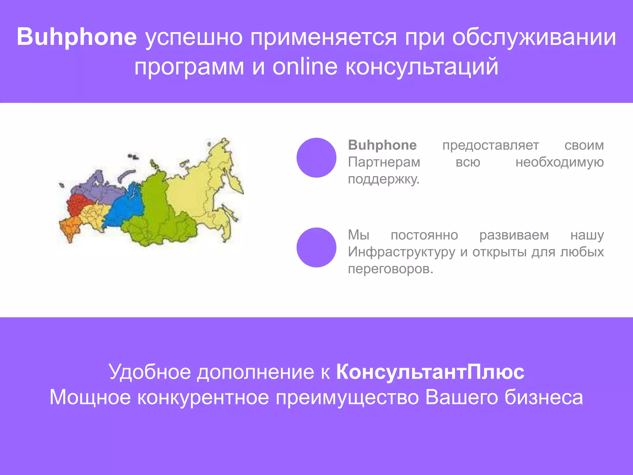 Buhphone успешно применяется при обслуживании
        программ и online консультаций


                            Buhphone     предоставляет   своим
                            Партнерам      всю     необходимую
                            поддержку.


                            Мы постоянно развиваем        нашу
                            Инфраструктуру и открыты для любых
                            переговоров.




      Удобное дополнение к КонсультантПлюс
  Мощное конкурентное преимущество Вашего бизнеса
 