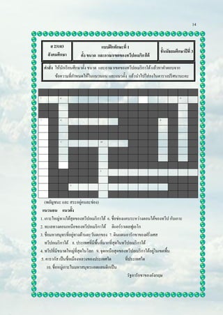 14


       ส 23103                     แบบฝึ กทักษะที่ 1
                                                                    ชั้นมัธยมศึกษาปี ที่ 3
     สังคมศึกษา        ตั้ง ขนาด และอาณาเขตของทวีปอเมริกาใต้

    คาสั่ง ให้นกเรี ยนศึกษาตั้ง ขนาด และอาณาเขตของทวีปอเมริ กาใต้ แล้วหาคาตอบจาก
               ั
           ข้อความที่กาหนดให้ในแนวนอน และแนวตั้ง แล้วนาไปใส่ลงในตารางปริ ศนานะคะ


1           6                                                                    9




7           4                                                       8




            3                     10




                                  2



                  5




   (พยัญชนะ และ สระอยูคนละช่อง)
                           ่
  แนวนอน แนวตั้ง
1. เกาะใหญ่ทางใต้สุดของทวีปอเมริ กาใต้ 6. ชื่อช่องแคบระหว่างตอนใต้ของทวีป กับเกาะ
2. ทะเลทางตอนเหนือของทวีปอเมริ กาใต้ ติแอร์ราเดลฟูเอโก
3. ชื่อมหาสมุทรที่อยูทางด้านตะวันตกของ 7. ดินแดนอารักขาของฝรั่งเศส
                       ่
   ทวีปอเมริ กาใต้ 8. ประเทศที่มีพ้ืนที่มากที่สุดในทวีปอเมริ กาใต้
4. ทวีปที่มีขนาดใหญ่ที่สุดในโลก 9. จุดเหนือสุดของทวีปอเมริ กาใต้อยูในเขตพื้น
                                                                     ่
 5. คารากัส เป็ นชื่อเมืองหลวงของประเทศใด           ที่ประเทศใด
    10. ชื่อหมู่เกาะในมหาสมุทรแอตแลนติกเป็ น
                                                      รัฐอารักขาของอังกฤษ
 