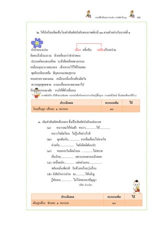 แบบฝึ กทักษะการแต่ง กาพย์ยานี ๑๑                    ๑๖


     ๒. ให้นกเรี ยนขีดเส้นโยงคาสัมผัสบังคับของกาพย์ยานี ๑๑ ตามตัวอย่างในบาทที่ ๑
            ั



 จาปาหนาแน่น                       เนื่อง คลี่กลีบ                        เหลืองเรื องอร่ าม
คิดคะนึงถึงนงราม ผิวเหลืองกว่าจาปาทอง
 ประยงค์ทรงพวงห้อย ระย้าย้อยห้อยพวงกรอง
เหมือนอุบะนวลละออง เจ้าแขวนไว้ให้เรี ยมชม
 พุดจีบกลีบแสล้ม พิกุลแกมแซมสุกรม
หอมชวยรวยตามลม เหมือนกลิ่นน้องต้องติดใจ
 สาวหยุดพุทธชาด บานเกลื่อนกลาดดาษดาไป
นึกน้องกรองมาลัย วางให้พี่ขางที่นอน
                           ้
        (กาพย์เห่เรื อ เจ้าฟ้ าธรรมธิ เบศร จากหนังสื อเรี ยนสาระการเรี ยนรู้พ้ืนฐาน วรรณคดีวิจกษ์ ชั้นมัธยมศึกษาปี ที่ ๖)
                                                                                              ั

                      ประเมินผล                                                    คะแนนเต็ม                    ได้
  โยงเส้นถูก เส้นละ ๑ คะแนน                                                           ๑๐


      ๓. เติมคาสัมผัสคล้องจอง ซึ่งเป็ นสัมผัสบังคับแต่ละบท
             (๑) หนาวลมให้ห่มผ้า หนาว...............ให้...............
                หนาวใจคิดไฉน ไม่รู้แก้อย่างไรดี
             (๒) ผูกพันกับ................ ยากลืมเลือนไปจากใจ
                ห่างกัน.................... ใจยังคิดมิผนแปร
                                                       ั
             (๓) หมอกควันมืดมัวมน ................ไม่สบาย
                เจ็บป่ วย.................. เพราะคนเผาบนป่ าดอย
             (๔) เหนื่อยนัก.............. แต่อย่านอน..................
                ขยันหมันเพียรดี วันข้างหน้าจะรุ่ งเรื อง
                         ่
             (๕) นิสยรักการอ่าน จะ.............ให้เจริ ญ
                      ั
                รู้ทนคน............... ไม่โง่เขลาเบาปัญญา
                    ั
                                                    (ลิขิต ภิระบัน)


                       ประเมินผล                                                      คะแนนเต็ม                    ได้
 เติมถูกต้อง ช่องละ ๑ คะแนน                                                              ๑๐
 