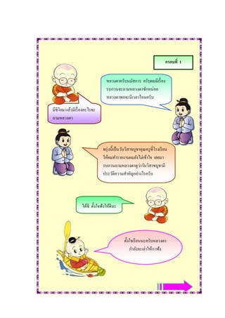 กรอบที่ 1


                                 หลวงตาครับนมัสการ ครับผมมีเรื่ อง
                                 รบกวนจะถามหลวงตาซักหน่อย
                                 หลวงตาพอจะมีเวลาไหมครับ

มีซิโยม แล้วมีเรื่ องอะไรจะ
ถามหลวงตา




                               พรุ่ งนี้เป็ นวันวิสาขบูชาคุณครู ที่โรงเรี ยน
                               ให้ผมทารายงานผมยังไม่เข้าใจ เลยมา
                               รบกวนถามหลวงตาดูว่าวันวิสาขบูชามี
                               ประวัติความสาคัญอย่างไรครับ




                  ได้ซิ ตั้งใจฟังให้ดีนะ




                                             ตั้งใจเรี ยนนะครับหลวงตา
                                                 กาลังจะเล่าให้เราฟัง
 