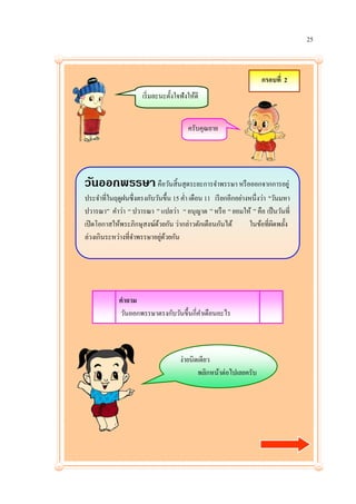 25



                                                                    กรอบที่ 2
                      เริ่ มละนะตั้งใจฟังให้ดี


                                         ครับคุณยาย




วันออกพรรษา คือวันสิ้นสุดระยะการจาพรรษา หรื อออกจากการอยู่
ประจาที่ในฤดูฝนซึ่งตรงกับวันขึ้น 15 ค่า เดือน 11 เรี ยกอีกอย่างหนึ่งว่า "วันมหา
ปวารณา” คาว่า “ ปวารณา ” แปลว่า “ อนุญาต ” หรื อ “ ยอมให้ ” คือ เป็ นวันที่
เปิ ดโอกาสให้พระภิกษุสงฆ์ดวยกัน ว่ากล่าวตักเตือนกันได้
                           ้                                   ในข้อที่ผดพลั้ง
                                                                         ิ
ล่วงเกินระหว่างที่จาพรรษาอยูดวยกัน
                             ่ ้




             คาถาม
             วันออกพรรษาตรงกับวันขึ้นกี่คาเดือนอะไร



                                      ง่ายนิดเดียว
                                             พลิกหน้าต่อไปเลยครับ
 