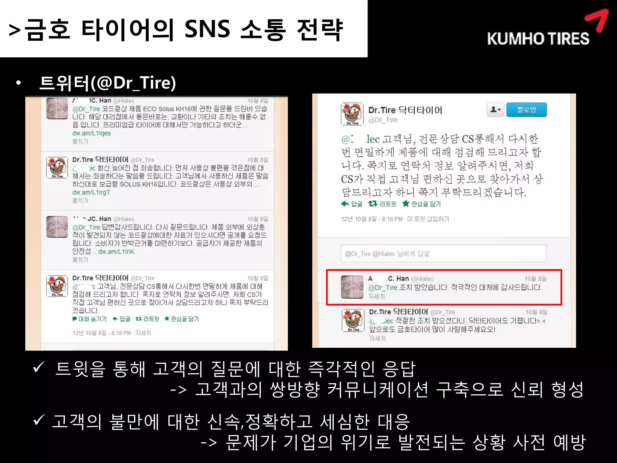 >금호 타이어의 SNS 소통 전략
 >금호 타이어의 SNS 소통 전략

• 트위터(@Dr_Tire)




  트윗을 통해 고객의 질문에 대한 즉각적인 응답
           -> 고객과의 쌍방향 커뮤니케이션 구축으로 신뢰 형성
  고객의 불만에 대한 신속,정확하고 세심한 대응
             -> 문제가 기업의 위기로 발전되는 상황 사전 예방
 