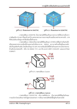 การปฏิบัติงานไม้ครุภัณฑ์ตามแบบและจาหน่ายได้




           รูปที่ 4.12 ลักษณะของภาพ DIMETRIC              รูปที่ 4.13 ลักษณะของภาพ ISOMETRIC

                 - ภาพสามมิติแบบ ISOMETRIC เป็นภาพสามมิติที่นิยมเขียนมากเพราะภาพที่เขียนง่ายเนื่องจาก
ภาพมีมุมเอียง 30 องศา ทั้งสองข้างเท่ากัน และขนาดความยาวของภาพทุกด้านจะมีขนาดเท่าขนาดงานจริง ภาพ
ที่เขียนจะมีขนาดใหญ่มากทาให้เปลืองเนื้อที่กระดาษ
                 - ภาพสามมิติแบบ OBQIUEเป็นภาพสามมิติที่นิยมเขียนมาก สาหรับงานที่มีรูปร่างเป็นส่วนโค้ง
หรือรูกลมเพราะสามารถเขียนได้ง่ายและรวดเร็วเนื่องจากภาพ OBQIUE จะวางภาพด้านหนึ่งอยู่ในแนวระดับ
เอียงทามุมเพียงด้านเดียว โดยเขียนเป็นมุม 45 องศา สามารถเขียนเอียงได้ทั้งด้านซ้ายและขวาความหนาของงาน
ด้านเอียงขนาดลดลงครึ่ง หนึ่ง ภาพ OBQIUE มี 2 แบบ คือ แบบคาวาเลียร์ (CAVALIER) และแบบคาบิเนต
(CABINET)




                                 รูปที่ 4.14 ภาพสามมิติแบบ Cavalier




                                รูปที่ 4.15 ภาพสามมิติแบบ Cabinet
             - ภาพสามมิติแบบ PERSPECTIVE หรือ ภาพทัศนียภาพ เป็นภาพสามมิติที่มีมุมในลักษณะ
การมองไกล โดยจะเขียนภาพเข้าสู่จุดรวมของสายตา การเขียนภาพสามมิติชนิดนี้มีอยู่ด้วยกันหลายชนิด

นายอานาจ ศรีทิม ตาแหน่งครูชานาญการ                                                             หน้า 10
 