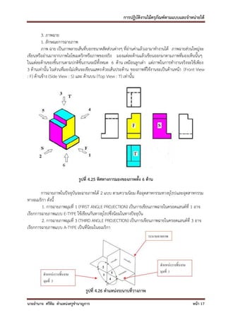 การปฏิบัติงานไม้ครุภัณฑ์ตามแบบและจาหน่ายได้

         3. ภาพฉาย
         1. ลักษณะการฉายภาพ
         ภาพ ฉาย เป็นภาพลายเส้นที่บอกขนาดสัดส่วนต่างๆ ที่อ่านค่าแล้วเอามาทางานได้ ภาพฉายส่วนใหญ่จะ
เขียนหรืออ่านมาจากภาพไอโซเมตริกหรือภาพของจริง มองแต่ละด้านแล้วเขียนออกมาตามภาพที่มองเห็นนั้นๆ
ในแต่ละด้านของชิ้นงานตามปกติชิ้นงานจะมีทั้งหมด 6 ด้าน เหมือนลูกเต๋า แต่ภาพในการทางานจริงจะใช้เพียง
3 ด้านเท่านั้น ในส่วนที่มองไม่เห็นจะเขียนแสดง ด้วยเส้นประด้าน ของภาพที่ใช้งานจะเป็นด้านหน้า (Front View
: F) ด้านข้าง (Side View : S) และ ด้านบน (Top View : T) เท่านั้น




                             รูปที่ 4.25 ทิศทางการมองของภาพทั้ง 6 ด้าน

        การฉายภาพในปัจจุบันจะฉายภาพได้ 2 แบบ ตามความนิยม คืออุตสาหกรรมทางยุโรปและอุตสาหกรรม
ทางอเมริกา ดังนี้
        1. การฉายภาพมุมที่ 1 (FIRST ANGLE PROJECTION) เป็นการเขียนภาพฉายในครอดแลนด์ที่ 1 อาจ
เรียกการฉายภาพแบบ E-TYPE ใช้เขียนกันทางยุโรปซึ่งนิยมในทางปัจจุบัน
        2. การฉายภาพมุมที่ 3 (THIRD ANGLE PROJECTION) เป็นการเขียนภาพฉายในครอดแลนด์ที่ 3 อาจ
เรียกการฉายภาพแบบ A-TYPE เป็นที่นิยมในอเมริกา




                                  รูปที่ 4.26 ตาแหน่งระนาบที่วางภาพ

นายอานาจ ศรีทิม ตาแหน่งครูชานาญการ                                                              หน้า 17
 