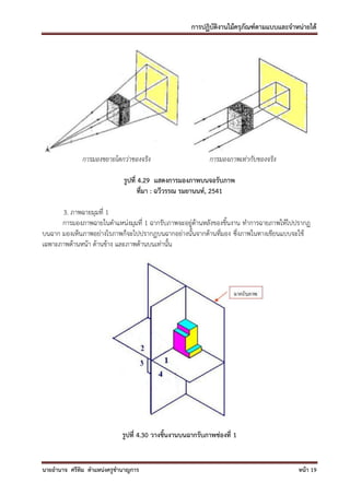 การปฏิบัติงานไม้ครุภัณฑ์ตามแบบและจาหน่ายได้




              การมองขยายโตกว่าของจริง                       การมองภาพเท่ากับของจริง

                            รูปที่ 4.29 แสดงการมองภาพบนจอรับภาพ
                                   ที่มา : ฉวีวรรณ รมยานนท์, 2541

      3. ภาพฉายมุมที่ 1
      การมองภาพฉายในตาแหน่งมุมที่ 1 ฉากรับภาพจะอยู่ด้านหลังของชิ้นงาน ทาการฉายภาพให้ไปปรากฏ
บนฉาก มองเห็นภาพอย่างไรภาพก็จะไปปรากฏบนฉากอย่างนั้นจากด้านที่มอง ซึ่งภาพในทางเขียนแบบจะใช้
เฉพาะภาพด้านหน้า ด้านข้าง และภาพด้านบนเท่านั้น




                            รูปที่ 4.30 วางชิ้นงานบนฉากรับภาพช่องที่ 1


นายอานาจ ศรีทิม ตาแหน่งครูชานาญการ                                                       หน้า 19
 