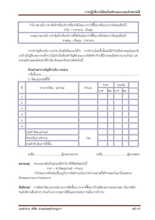 การปฏิบัติงานไม้ครุภัณฑ์ตามแบบและจาหน่ายได้


          กาไร หมายถึง ราคาสินค้าหรือบริการที่ขายได้เงินมากกว่าที่ซื้อมาหรือมากกว่าต้นทุนที่ลงไว้
                                      กาไร = ราคาขาย - ต้นทุน
          ขาดทุน หมายถึง ราคาสินค้าหรือบริการที่ได้เงินน้อยกว่าที่ซื้อมาหรือน้อยกว่าต้นทุนที่ลงไว้
                                     ขาดทุน = ต้นทุน - ราคาขาย

         การทาบัญชีรายรับ-รายจ่าย เป็นสิ่งที่จะบอกได้ว่า การทางานในครั้งนั้นจะได้กาไรหรือขาดทุนโดยปกติ
เราถ้าเป็นผู้รับเหมางานทั่วๆ ไปไม่จาเป็นต้องทาบัญชีตามแบบบริษัทห้างร้านที่มีรายละเอียดมากมายเกินไป แต่
ควรจะมีรายละเอียดเท่าที่จาเป็น ดังจะยกตัวอย่างดังต่อไปนี้

        ตัวอย่างตารางบัญชีรายรับ-รายจ่าย
        1.ชื่อชิ้นงาน .............................................................................................................................
                                                                                                                                                 ..................
        2. วัสดุ-อุปกรณ์ที่ใช้
                                                                                                               ราคา                รวมเงิน
 ที่                รายการวัสดุ - อุปกรณ์                                           จานวน                                                            หมายเหตุ
                                                                                                        บาท สต. บาท สต.
  1
  2
  3
  4
  5
  6
       รวมค่าวัสดุ-อุปกรณ์
       ค่าแรงในการทางาน                                                                  รวม
       รวมค่าดาเนินการทั้งสิ้น

        ลงชื่อ…………………………...........ผู้ประมาณราคา                                                       ลงชื่อ………………………….......ผู้ตรวจสอบ

หมายเหตุ  ค่าแรงอาจถือเป็นส่วนหนึ่งกาไร มีวิธีคิดดังต่อไปนี้
                    ราคา = ค่าวัสดุอุปกรณ์ + ค่าแรง
           กาไรจะมากหรือน้อยขึ้นอยู่กับการคิดค่าแรงในการทางานตามที่ได้กาหนดกันเอาไว้และตาม
ลักษณะความยากง่ายของงาน

ข้อสังเกตุ* การคิดค่าวัสดุ-อุปกรณ์อาจบวกเพิ่มขึ้นจากราคาที่ซื้อจากร้านได้ตามความเหมาะสม เป็นกรณีค่า
ขนส่งอัตราเสี่ยงต่างๆ ส่วนค่าแรง อาจดูจากฝีมือและประสบการณ์ในการทางาน



นายอานาจ ศรีทิม ตาแหน่งครูชานาญการ                                                                                                                       หน้า 37
 