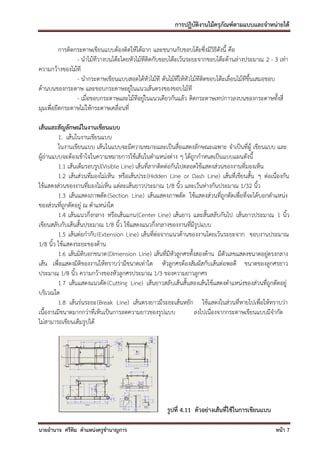 การปฏิบัติงานไม้ครุภัณฑ์ตามแบบและจาหน่ายได้

          การติดกระดาษเขียนแบบต้องติดให้ได้ฉาก และขนานกับขอบโต๊ะซึ่งมีวิธีดังนี้ คือ
                 - นาไม้ทีวางบนโต๊ะโดยหัวไม้ทีติดกับขอบโต๊ะเว้นระยะจากขอบโต๊ะด้านล่างประมาณ 2 - 3 เท่า
ความกว้างของไม้ที
                 - นากระดาษเขียนแบบสอดใต้หัวไม้ที ดันไม้ทีให้หัวไม้ทีติดขอบโต๊ะเลื่อนไม้ทีขึ้นเสมอขอบ
ด้านบนของกระดาษ และขอบกระดาษอยู่ในแนวเส้นตรงของขอบไม้ที
                 - เมื่อขอบกระดาษและไม้ทีอยู่ในแนวเดียวกันแล้ว ติดกระดาษเทปกาวลงบนของกระดาษทั้งสี่
มุมเพื่อยึดกระดาษไม่ให้กระดาษเคลื่อนที่

เส้นและสัญลักษณ์ในงานเขียนแบบ
         1. เส้นในงานเขียนแบบ
         ในงานเขียนแบบ เส้นในแบบจะมีความหมายและเป็นสื่อแสดงลักษณะเฉพาะ จาเป็นที่ผู้ เขียนแบบ และ
ผู้อ่านแบบจะต้องเข้าใจในความหมายการใช้เส้นในตาแหน่งต่าง ๆ ได้ถูกกาหนดเป็นแบบแผนดังนี้
         1.1 เส้นเต็มรอบรูป(Visible Line) เส้นที่ลากติดต่อกันไปตลอดใช้แสดงส่วนของงานที่มองเห็น
         1.2 เส้นส่วนที่มองไม่เห็น หรือเส้นประ(Hidden Line or Dash Line) เส้นที่เขียนสั้น ๆ ต่อเนื่องกัน
ใช้แสดงส่วนของงานที่มองไม่เห็น แต่ละเส้นยาวประมาณ 1/8 นิ้ว และเว้นห่างกันประมาณ 1/32 นิ้ว
         1.3 เส้นแสดงภาพตัด (Section Line) เส้นแสดงภาพตัด ใช้แสดงส่วนที่ถูกตัดเพื่อที่จะได้บอกตาแหน่ง
ของส่วนที่ถูกตัดอยู่ ณ ตาแหน่งใด
         1.4 เส้นแนวกึ่งกลาง หรือเส้นแกน(Center Line) เส้นยาว และสั้นสลับกันไป เส้นยาวประมาณ 1 นิ้ว
เขียนสลับกับเส้นสั้นประมาณ 1/8 นิ้ว ใช้แสดงแนวกึ่งกลางของงานที่มีรูปแบบ
         1.5 เส้นต่อกากับ (Extension Line) เส้นที่ต่อจากแนวด้านของงานโดยเว้นระยะจาก ขอบงานประมาณ
1/8 นิ้ว ใช้แสดงระยะของด้าน
         1.6 เส้นมิติบอกขนาด(Dimension Line) เส้นที่มีหัวลูกศรทั้งสองด้าน มีตัวเลขแสดงขนาดอยู่ตรงกลาง
เส้น เพื่อแสดงมิติของงานให้ทราบว่ามีขนาดเท่าใด หัวลูกศรต้องสัมผัสกับเส้นต่อพอดี ขนาดของลูกศรยาว
ประมาณ 1/8 นิ้ว ความกว้างของหัวลูกศรประมาณ 1/3 ของความยาวลูกศร
         1.7 เส้นแสดงแนวตัด (Cutting Line) เส้นยาวสลับเส้นสั้นสองเส้นใช้แสดงตาแหน่งของส่วนที่ถูกตัดอยู่
บริเวณใด
         1.8 เส้นร่นระยะ(Break Line) เส้นตรงยาวมีระยะเส้นหยัก ใช้แสดงในส่วนที่หายไปเพื่อให้ทราบว่า
เนื้องานมีขนาดมากกว่าที่เห็นเป็นการลดความยาวของรูปแบบ             ลงไปเนื่องจากกระดาษเขียนแบบมีจากัด
ไม่สามารถเขียนเต็มรูปได้




                                                     รูปที่ 4.11 ตัวอย่างเส้นที่ใช้ในการเขียนแบบ

นายอานาจ ศรีทิม ตาแหน่งครูชานาญการ                                                                 หน้า 7
 