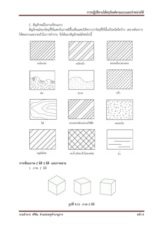 การปฏิบัติงานไม้ครุภัณฑ์ตามแบบและจาหน่ายได้

       2. สัญลักษณ์ในงานเขียนแบบ
       สัญลักษณ์ของวัตถุที่ใช้แสดงในภาพมีขึ้นเพื่อแสดงให้ทราบว่าวัตถุที่ใช้นั้นเป็นชนิดใดบ้าง เพราะต้องการ
ให้สะดวกและรวดเร็วในการทางาน จึงได้แยกสัญลักษณ์ดังต่อไปนี้




การเขียนภาพ 2 มิติ 3 มิติ และภาพฉาย
       1. ภาพ 2 มิติ




                                          รูปที่ 4.11 ภาพ 2 มิติ

นายอานาจ ศรีทิม ตาแหน่งครูชานาญการ                                                                   หน้า 8
 