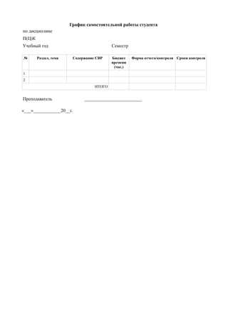 График самостоятельной работы студента
по дисциплине
П(Ц)К
Учебный год                                 Семестр

№       Раздел, тема      Содержание СВР    Бюджет    Форма отчета/контроля Сроки контроля
                                            времени
                                             (час.)
1
2
                                    ИТОГО


Преподаватель                  _________________________

«___»____________20__г.
 