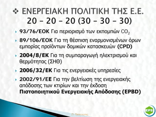    93/76/EOK Για περιορισμό των εκπομπών CO2
   89/106/EOK Για τη θέσπιση εναρμονισμένων όρων
    εμπορίας προϊόντων δομικών κατασκευών (CPD)
   2004/8/ΕΚ Για τη συμπαραγωγή ηλεκτρισμού και
    θερμότητας (ΣΗΘ)
   2006/32/ΕΚ Για τις ενεργειακές υπηρεσίες
   2002/91/EΕ Για την βελτίωση της ενεργειακής
    απόδοσης των κτιρίων και την έκδοση
    Πιστοποιητικού Ενεργειακής Απόδοσης (ΕPΒD)



                                                    2
 