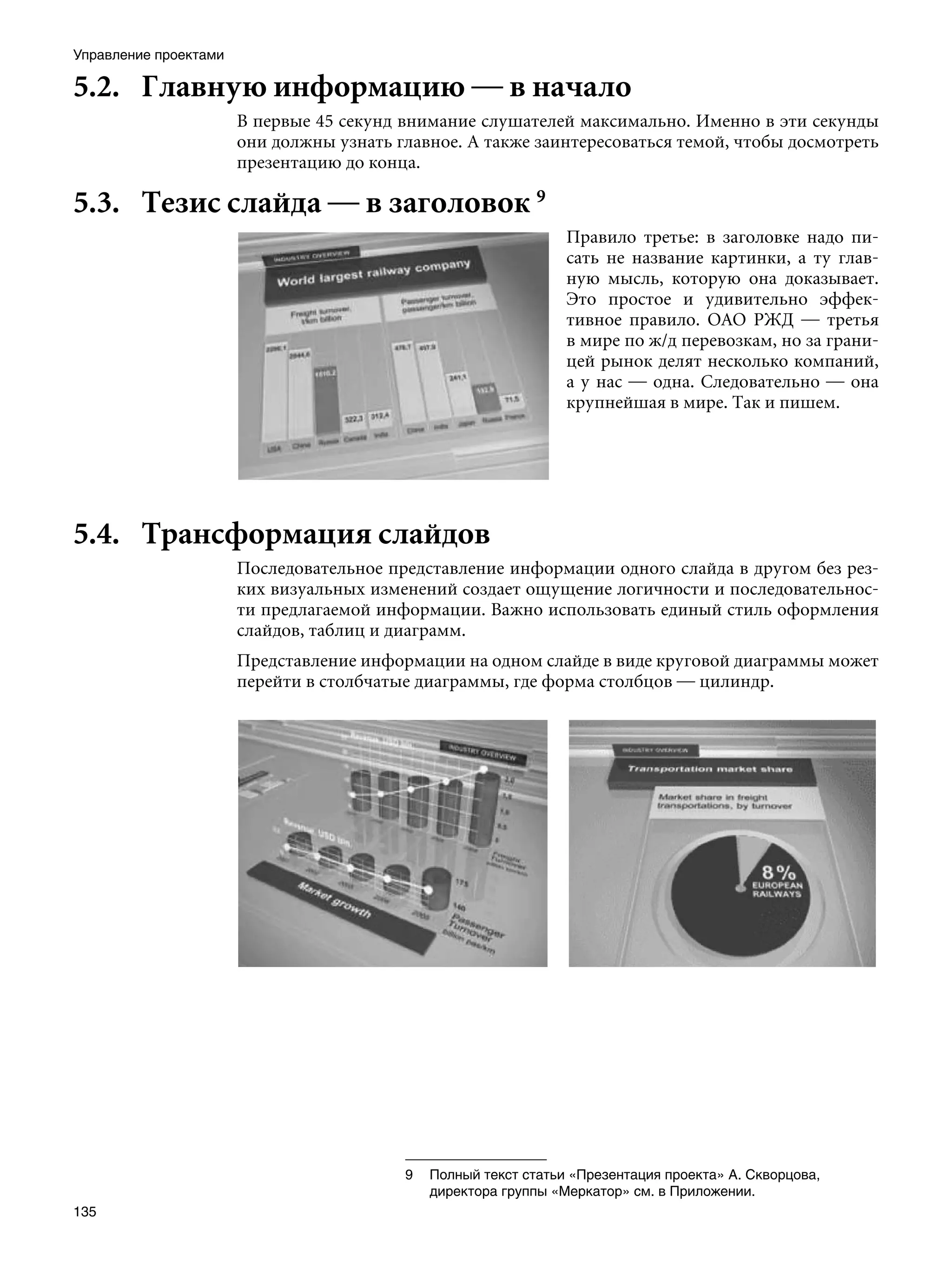 Управление проектами

5.2.	 Главную информацию — в начало
                       В первые 45 секунд внимание слушателей максимально. Именно в эти секунды
                       они должны узнать главное. А также заинтересоваться темой, чтобы досмотреть
                       презентацию до конца.

5.3.	 Тезис слайда — в заголовок 
                                                                Правило третье: в заголовке надо пи-
                                                                сать не название картинки, а ту глав-
                                                                ную мысль, которую она доказывает.
                                                                Это простое и удивительно эффек-
                                                                тивное правило. ОАО РЖД — третья
                                                                в мире по ж/д перевозкам, но за грани-
                                                                цей рынок делят несколько компаний,
                                                                а у нас — одна. Следовательно — она
                                                                крупнейшая в мире. Так и пишем.




5.4.	 Трансформация слайдов
                       Последовательное представление информации одного слайда в другом без рез-
                       ких визуальных изменений создает ощущение логичности и последовательнос-
                       ти предлагаемой информации. Важно использовать единый стиль оформления
                       слайдов, таблиц и диаграмм.
                       Представление информации на одном слайде в виде круговой диаграммы может
                       перейти в столбчатые диаграммы, где форма столбцов — цилиндр.




                                          	 Полный текст статьи «Презентация проекта» А. Скворцова,
                                             директора группы «Меркатор» см. в Приложении.
135
 