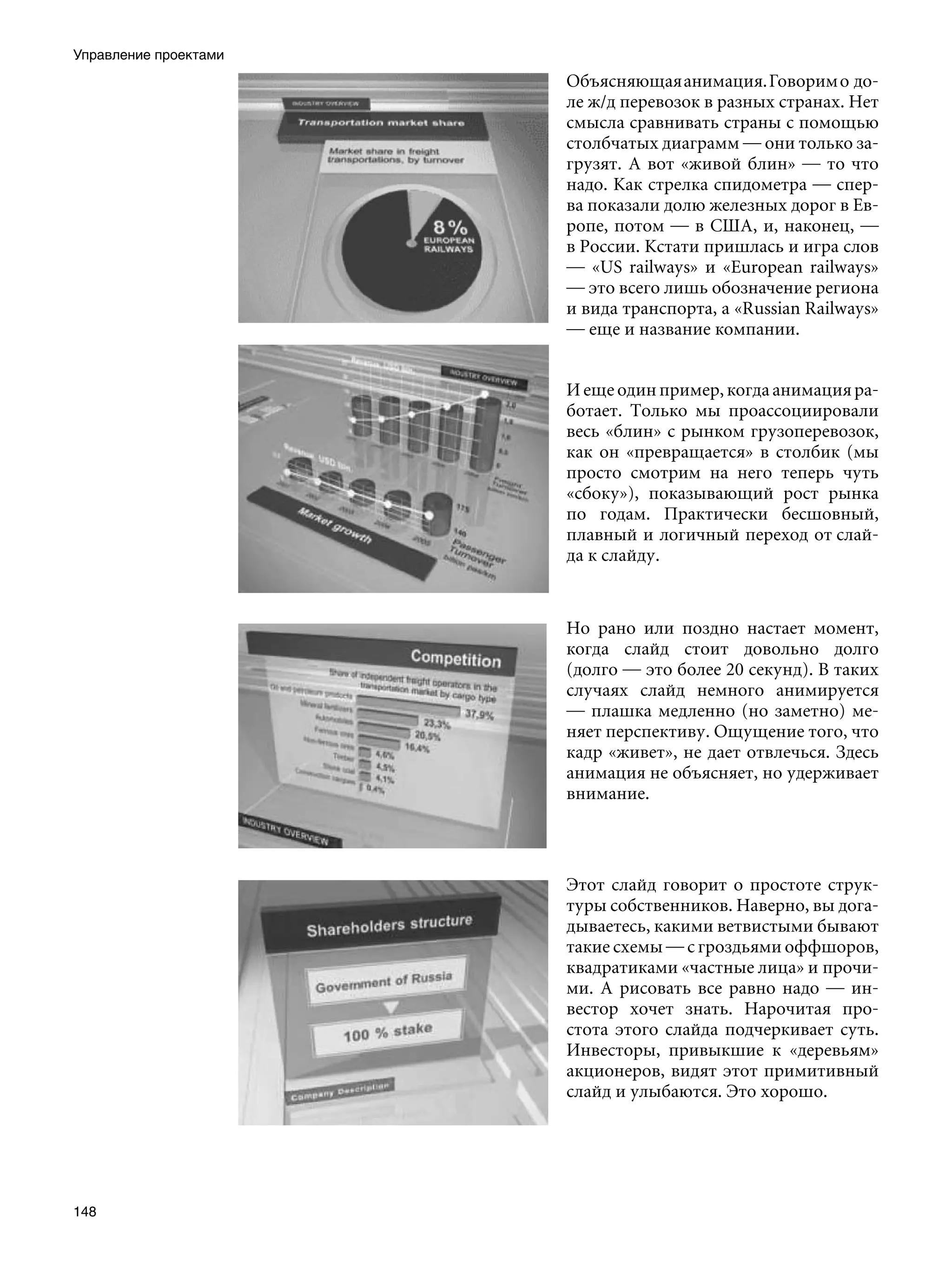 Управление проектами
                       Объясняющая анимация. Говорим о до-
                       ле ж/д перевозок в разных странах. Нет
                       смысла сравнивать страны с помощью
                       столбчатых диаграмм — они только за-
                       грузят. А вот «живой блин» — то что
                       надо. Как стрелка спидометра — спер-
                       ва показали долю железных дорог в Ев-
                       ропе, потом — в США, и, наконец, —
                       в России. Кстати пришлась и игра слов
                       — «US railways» и «European railways»
                       — это всего лишь обозначение региона
                       и вида транспорта, а «Russian Railways»
                       — еще и название компании.


                       И еще один пример, когда анимация ра-
                       ботает. Только мы проассоциировали
                       весь «блин» с рынком грузоперевозок,
                       как он «превращается» в столбик (мы
                       просто смотрим на него теперь чуть
                       «сбоку»), показывающий рост рынка
                       по годам. Практически бесшовный,
                       плавный и логичный переход от слай-
                       да к слайду.



                       Но рано или поздно настает момент,
                       когда слайд стоит довольно долго
                       (долго — это более 20 секунд). В таких
                       случаях слайд немного анимируется
                       — плашка медленно (но заметно) ме-
                       няет перспективу. Ощущение того, что
                       кадр «живет», не дает отвлечься. Здесь
                       анимация не объясняет, но удерживает
                       внимание.




                       Этот слайд говорит о простоте струк-
                       туры собственников. Наверно, вы дога-
                       дываетесь, какими ветвистыми бывают
                       такие схемы — с гроздьями оффшоров,
                       квадратиками «частные лица» и прочи-
                       ми. А рисовать все равно надо — ин-
                       вестор хочет знать. Нарочитая про-
                       стота этого слайда подчеркивает суть.
                       Инвесторы, привыкшие к «деревьям»
                       акционеров, видят этот примитивный
                       слайд и улыбаются. Это хорошо.




148
 